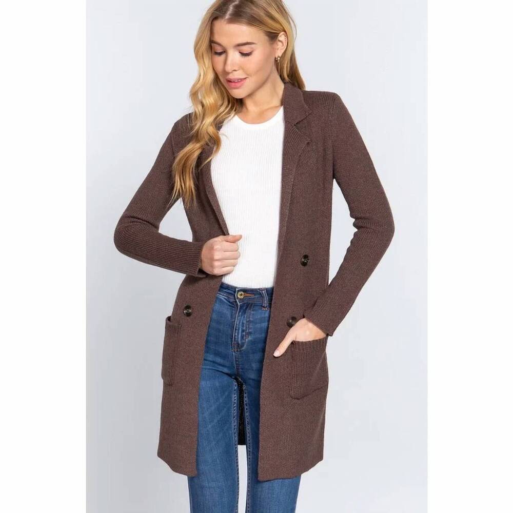 NEW VANILLA MONKEY notched collar sweater coat with pockets in brown